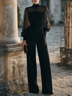 Sheer Lantern Sleeve High-Neck Wide-Leg Jumpsuit