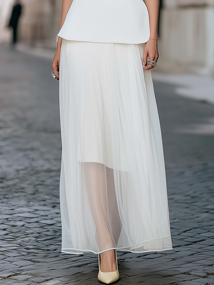 Elegant Structured Peplum Top & Sheer Layered Maxi Skirt Set
