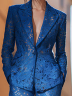 Chic Royal Blue Lace Tailored Suit Set