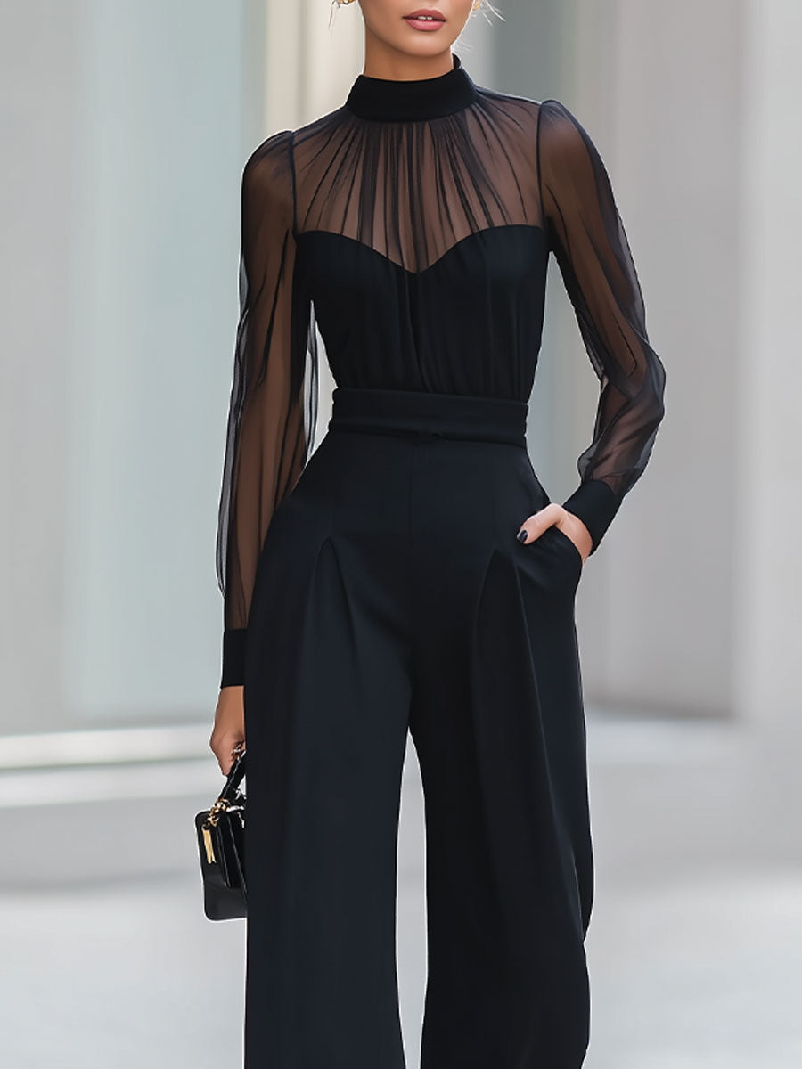 Black Sheer Turtleneck Wide-Leg Jumpsuit