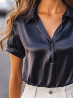 Sophisticated Navy Blue Satin Blouse with Rolled Sleeves