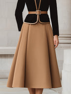 Two-Tone Trim Blazer And A-Line Midi Skirt Set