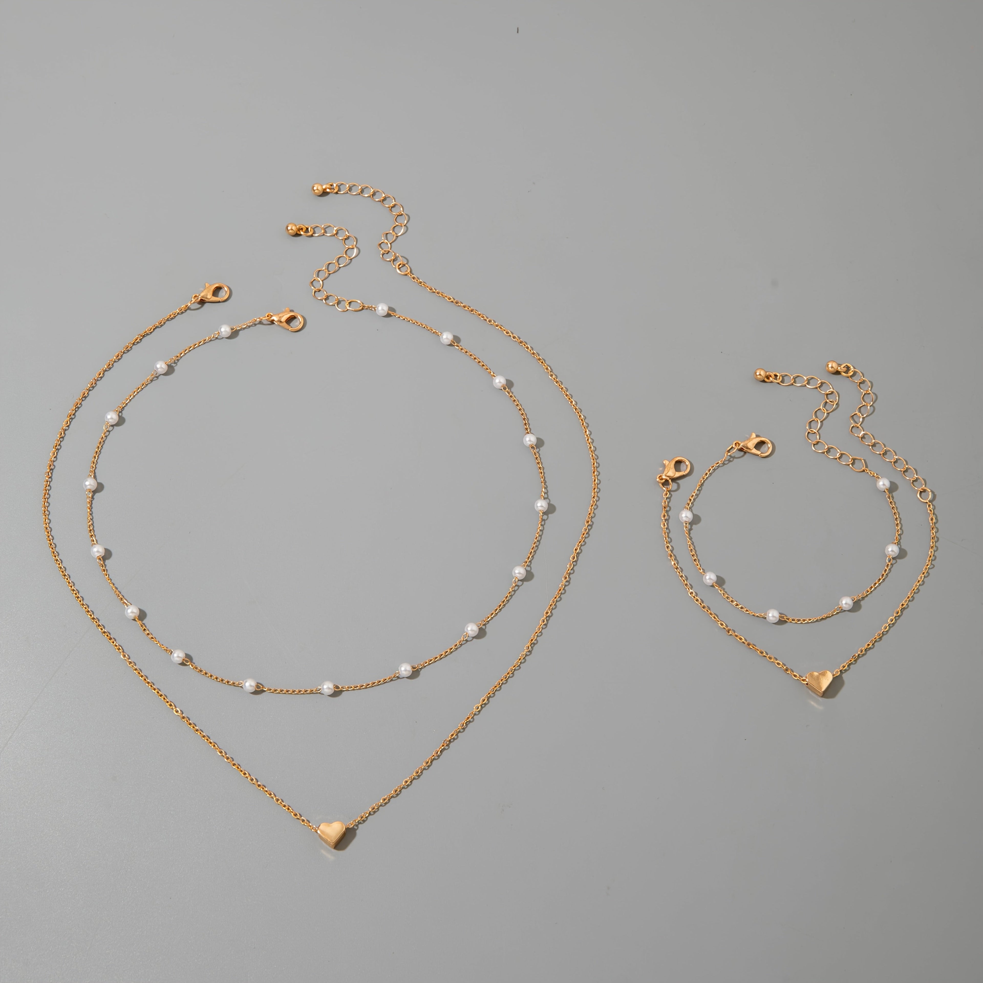 Indira | Modern Minimalist Heart & Pearl Necklace + Bracelet Set