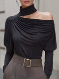 Asymmetric High-Neck One-Shoulder Sparkle Knit Top