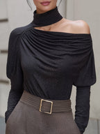 Asymmetric High-Neck One-Shoulder Sparkle Knit Top