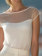 Sheer Yoke Cap-Sleeve Draped Blouse