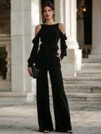 Cold-Shoulder Long Sleeve Wide-Leg Jumpsuit With Floral Waist Detail