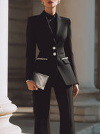 Tailored Embellished Button Blazer Set With Flared Pants
