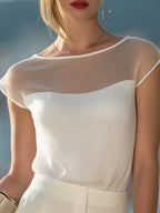 Sheer Yoke Cap-Sleeve Draped Blouse