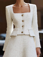 White Tweed Square-Neck Jacket & A-Line Skirt Set