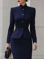 Navy Mandarin-Collar Peplum Blazer & Midi Skirt Suit