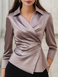 Satin Asymmetric Draped Wrap Blouse