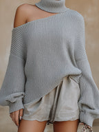 Symmetric Off-Shoulder Turtleneck Knit Sweater