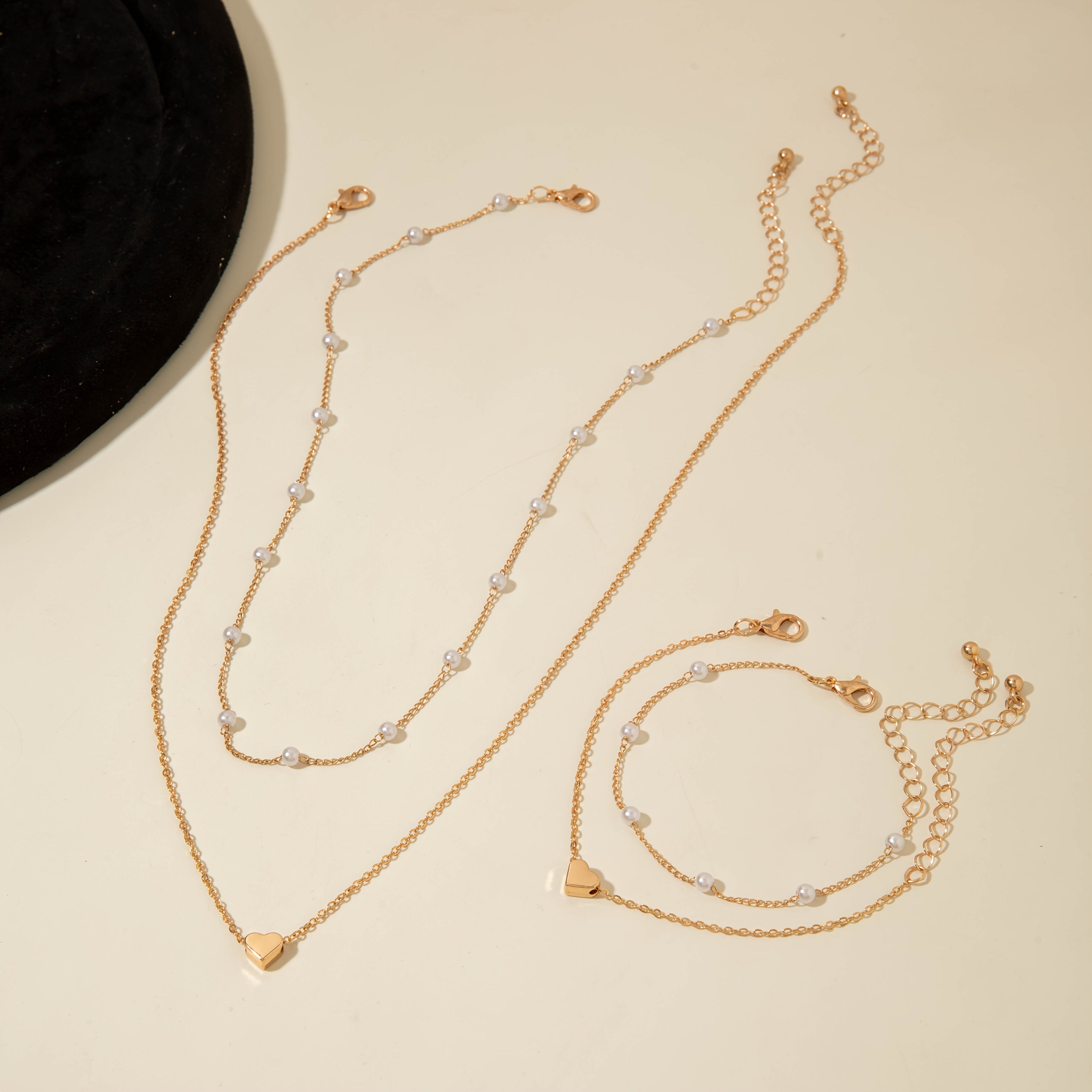 Indira | Modern Minimalist Heart & Pearl Necklace + Bracelet Set
