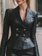 Black Leather Double-Breasted Peplum Blazer & Mini Skirt Suit