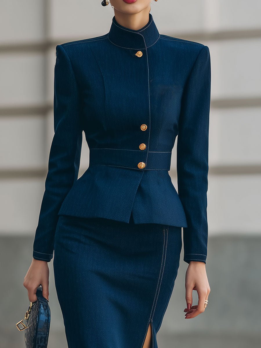 Denim Peplum Blazer & Skirt Set