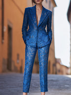 Chic Royal Blue Lace Tailored Suit Set