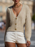 Gold-Threaded Knit Button Cardigan In Champagne Beige