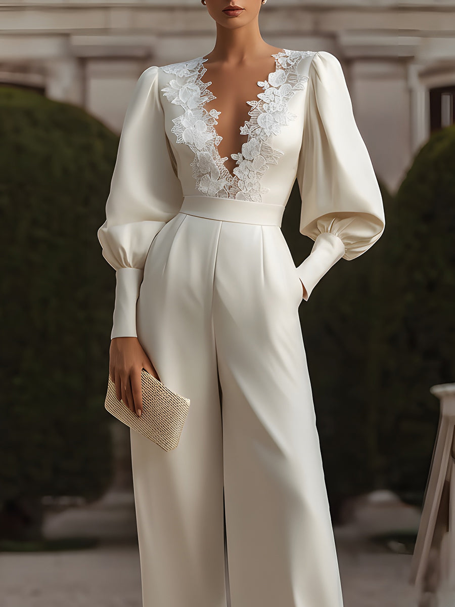 White Lace-Trimmed Jumpsuit With Puff Sleeves