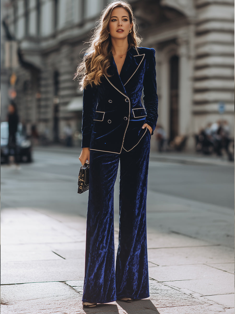 Double-Breasted Velvet Suit With Contrast Piping And Wide-Leg Pants
