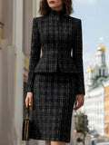 Plaid Peplum Jacket And Pencil Skirt Set