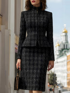 Plaid Peplum Jacket And Pencil Skirt Set