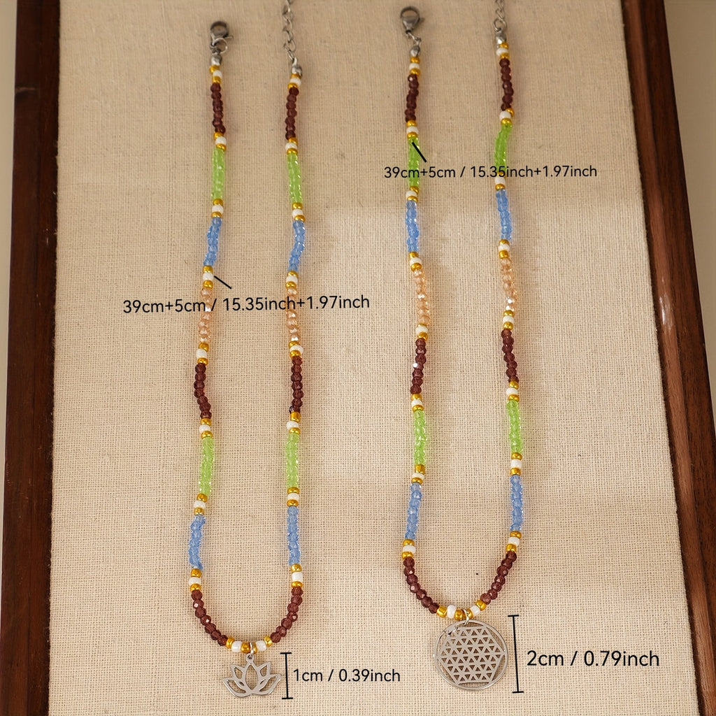 Freyana | Bohemian Beaded Lotus Pendant Necklace (Dual-Layer)