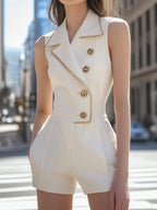 White Sleeveless Blazer Romper With Gold Trim