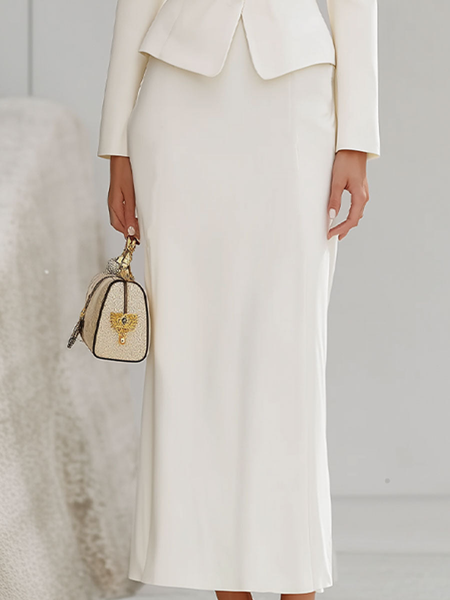 Ivory High-Collar Tailored Jacket And Elegant Maxi Skirt Set