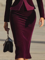 Elegant Velvet Peplum Blazer And Midi Skirt Set