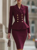 Burgundy Double-Breasted Peplum Blazer & Pencil Skirt Suit