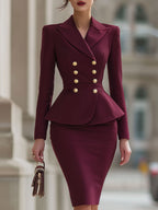 Burgundy Double-Breasted Peplum Blazer & Pencil Skirt Suit