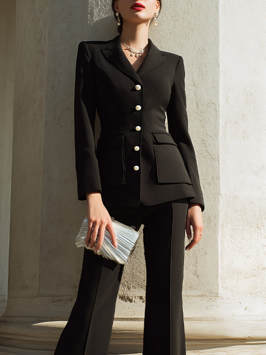 Tailored Button-Front Blazer Set With Flared Pants