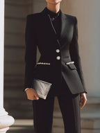 Tailored Embellished Button Blazer Set With Flared Pants
