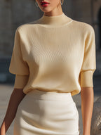 Ribbed Mock-Neck Short-Sleeve Knit Top