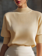 Ribbed Mock-Neck Short-Sleeve Knit Top