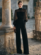 Sheer Lantern Sleeve High-Neck Wide-Leg Jumpsuit