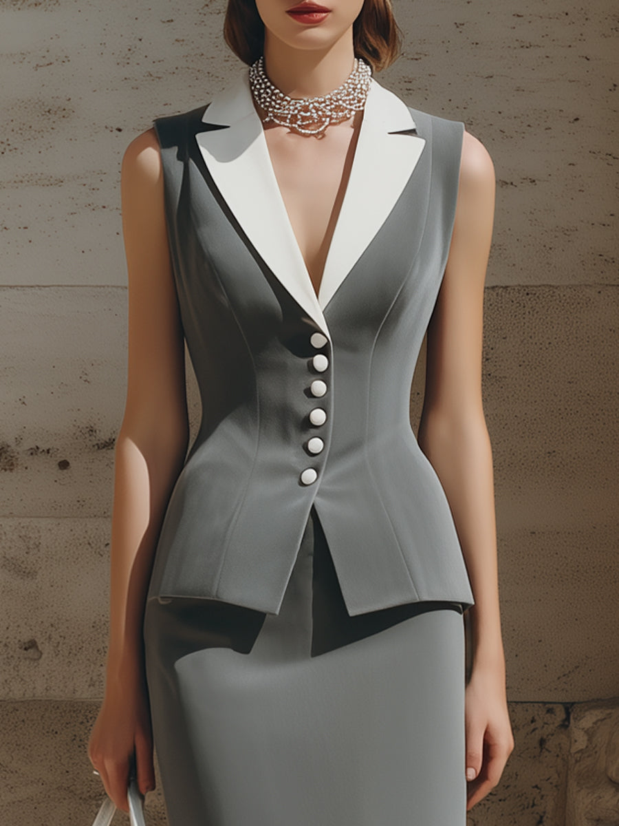 Sophisticated Contrast-Collar Sleeveless Blazer & Pencil Skirt Set