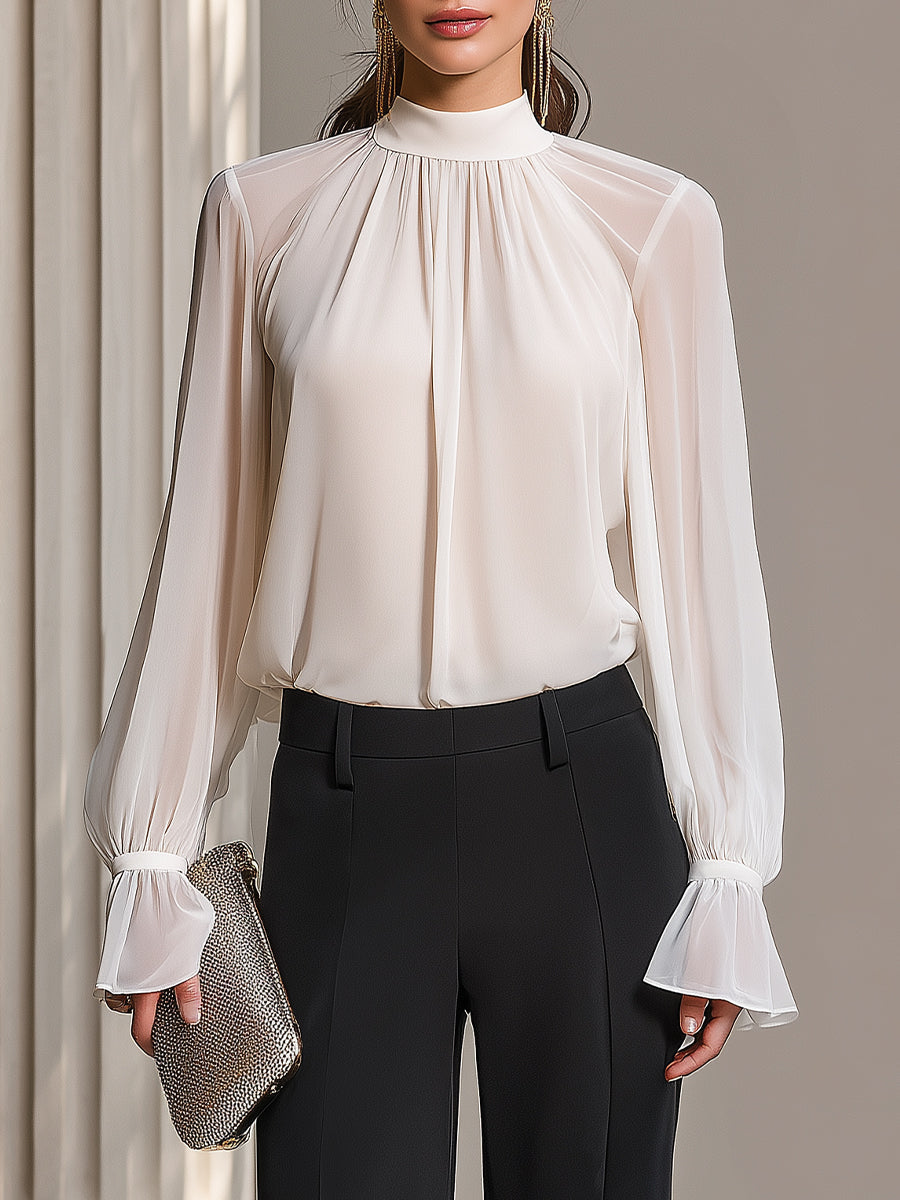 High-Neck Long-Sleeve Draped Blouse