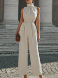 High-Neck Gathered Waist Wide-Leg Jumpsuit