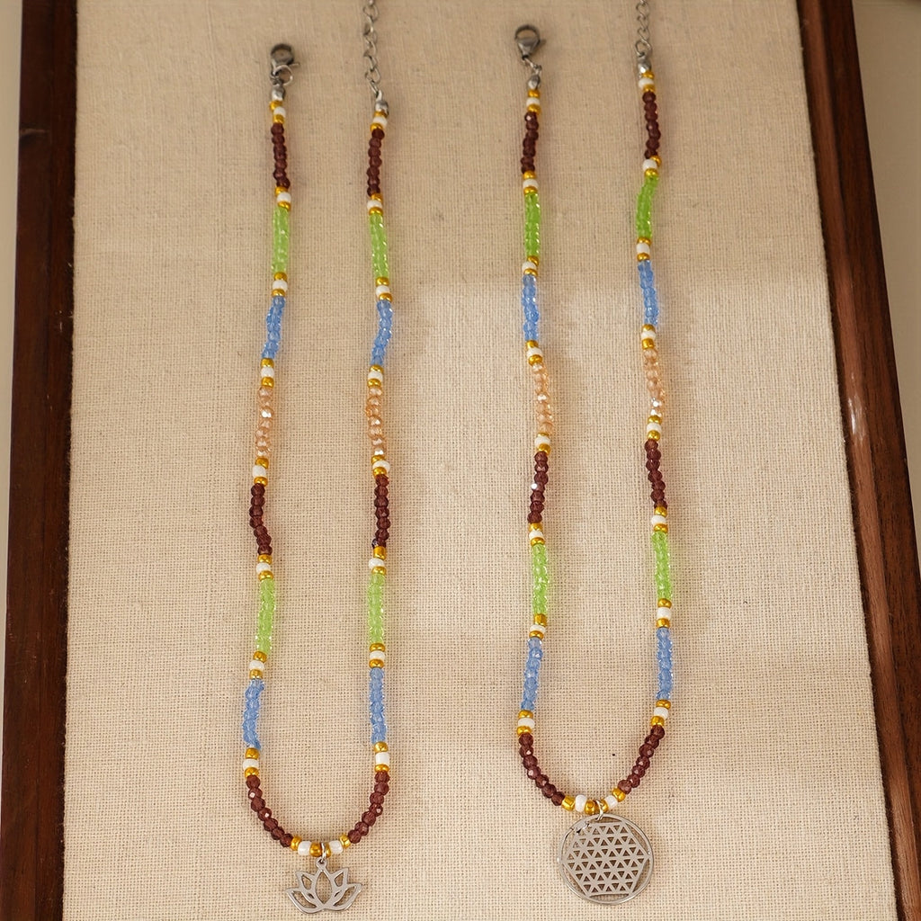 Freyana | Bohemian Beaded Lotus Pendant Necklace (Dual-Layer)