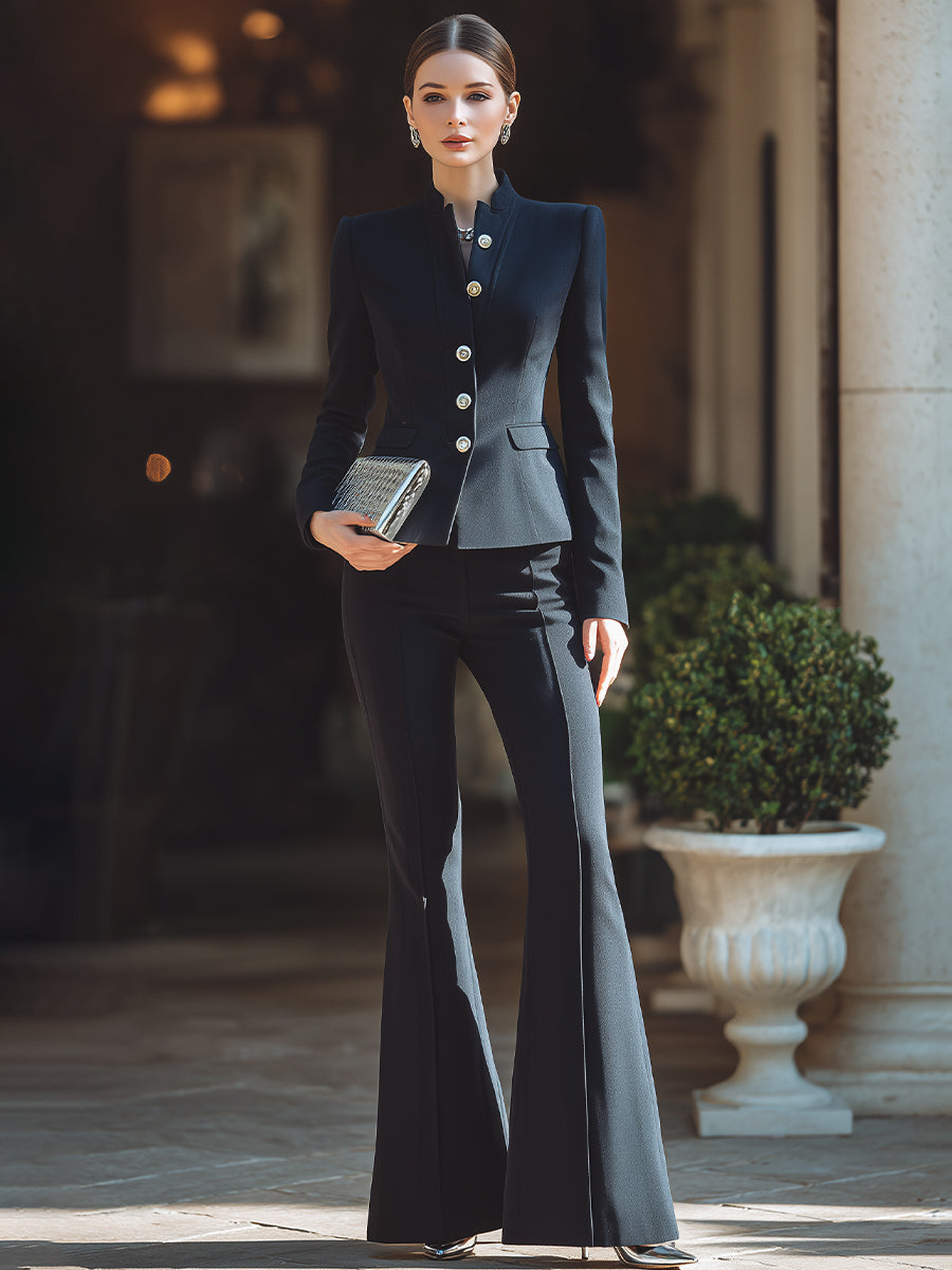 Mandarin-Collar Tailored Blazer Set With Flared Pants
