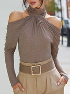 Shimmer Ruched Off-Shoulder High-Neck Top