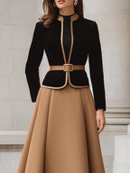Two-Tone Trim Blazer And A-Line Midi Skirt Set