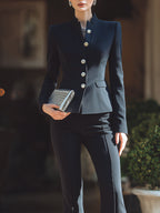 Mandarin-Collar Tailored Blazer Set With Flared Pants