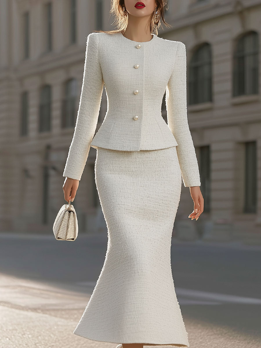 Elegant Ivory Textured Peplum Blazer & Mermaid Skirt Set