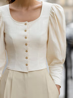 Romantic Puff-Sleeve Square-Neck Buttoned Blouse