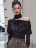 Asymmetric High-Neck One-Shoulder Sparkle Knit Top