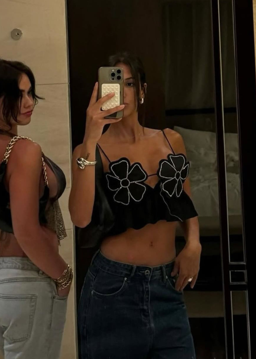 Embellished Black Flower Crop Top