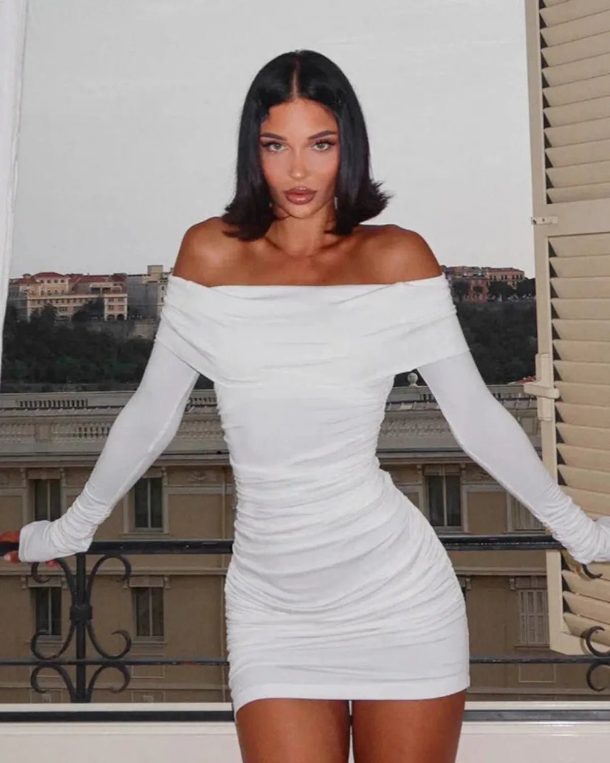 Asymmetrical Off-Shoulder Cocktail Party Mini Dress with Ruching